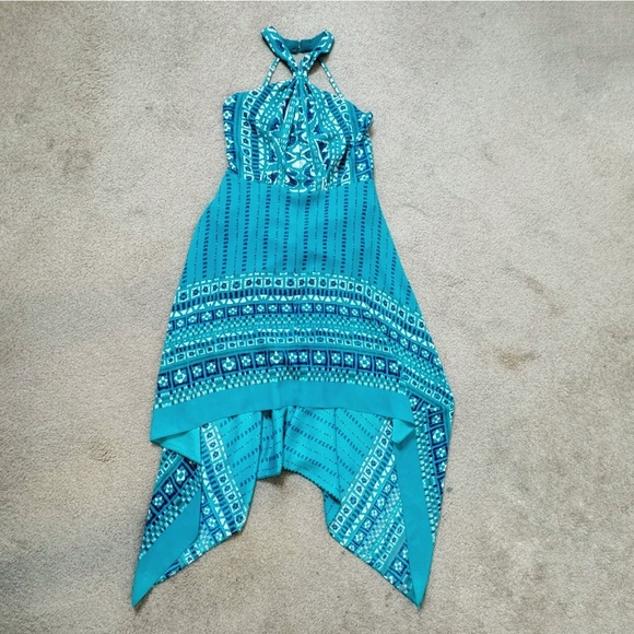 BCBG MAXAZRIA Dress Occasion Open Back Halter Top Handkerchief Hem Blue Print - Picture 3 of 16